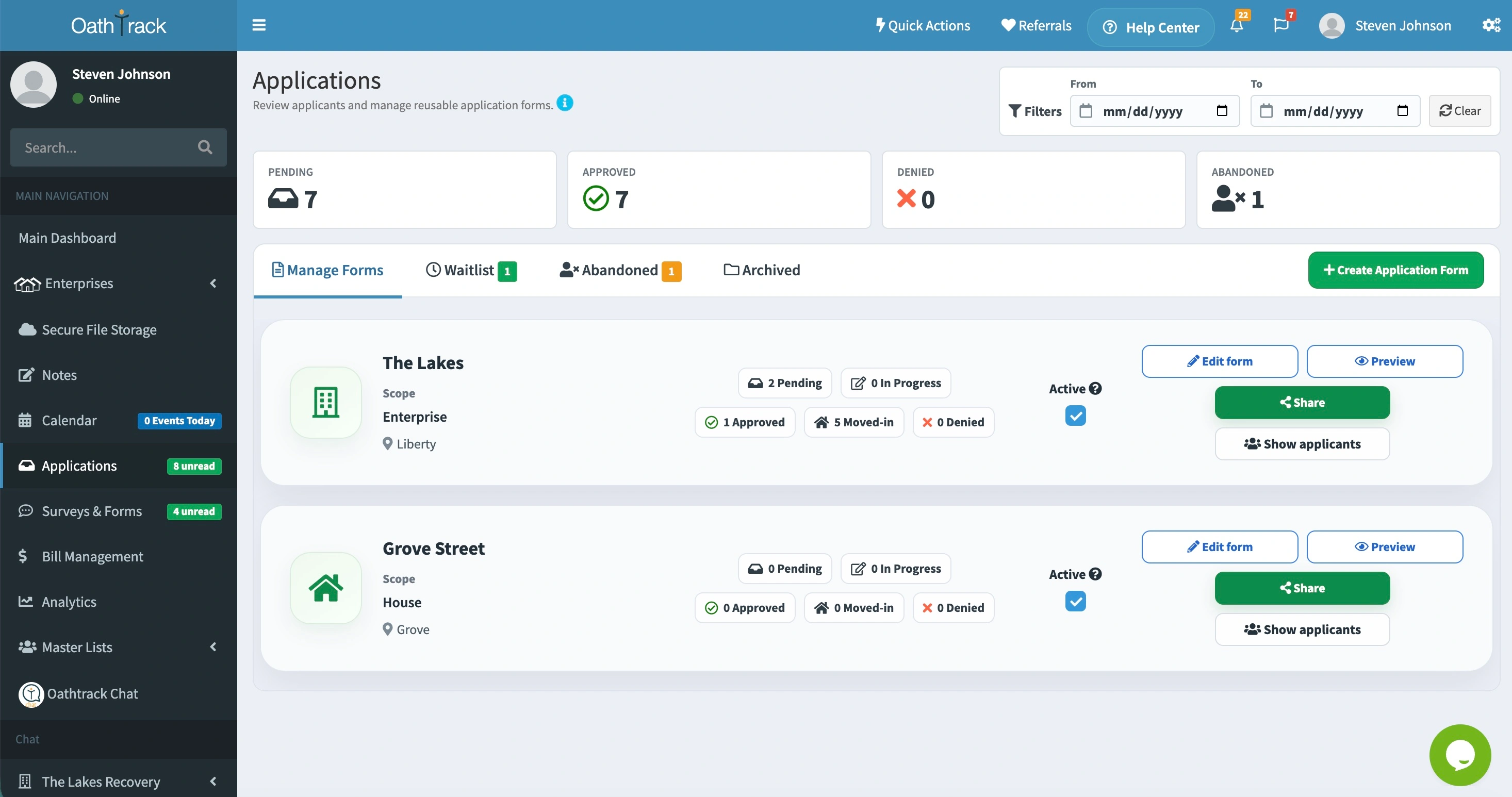 Oathtrack application manager showing submitted applications