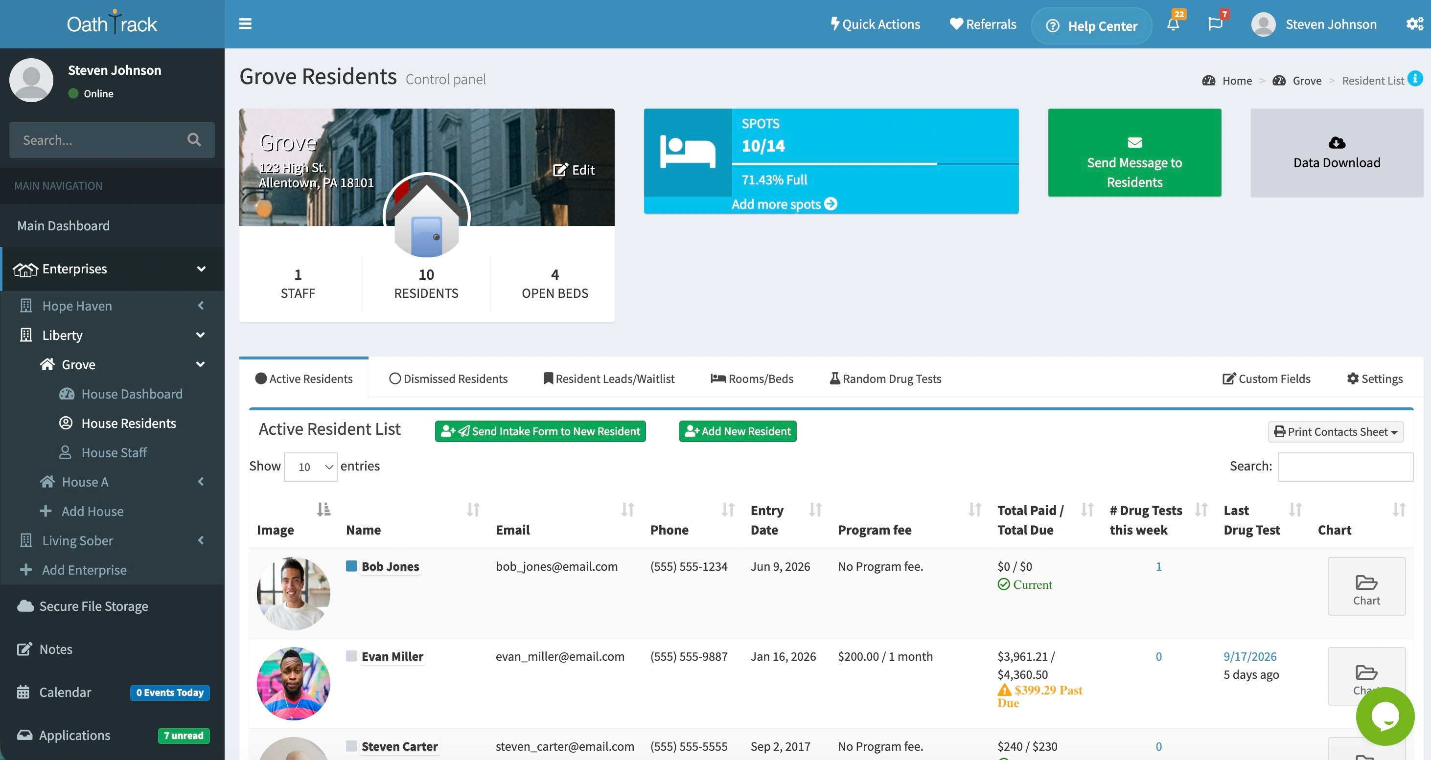 Oathtrack house resident dashboard showing open beds, occupancy, resident balances, and recent drug tests