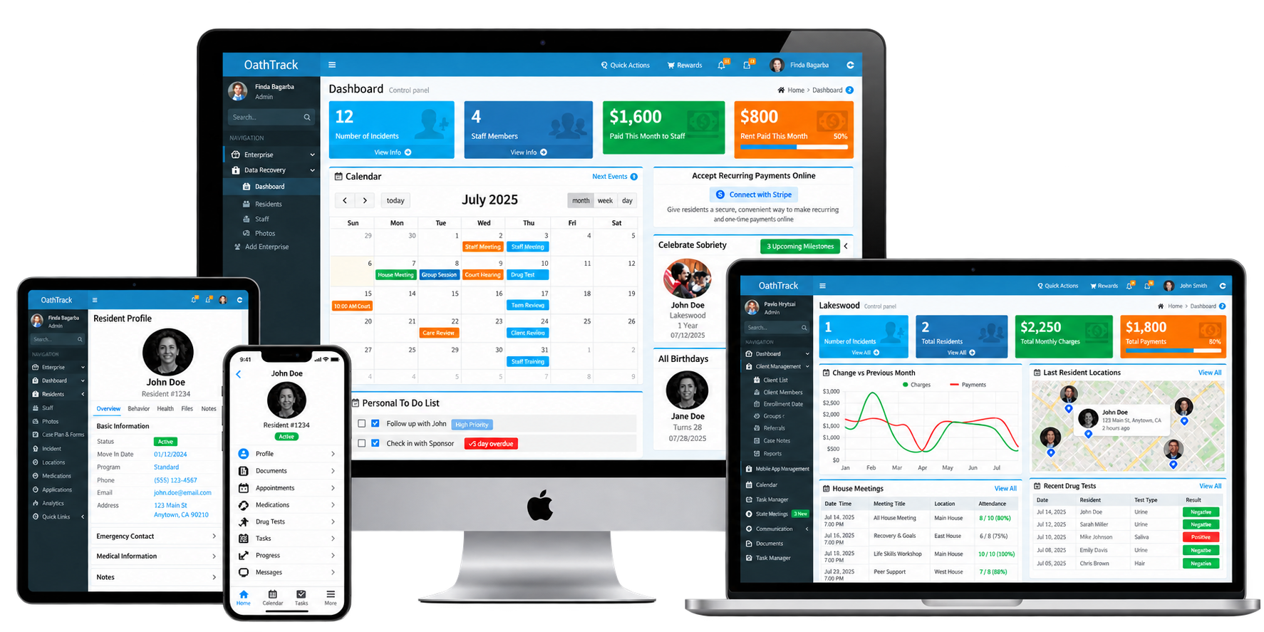 Oathtrack resident and house dashboards on desktop, tablet, and phone