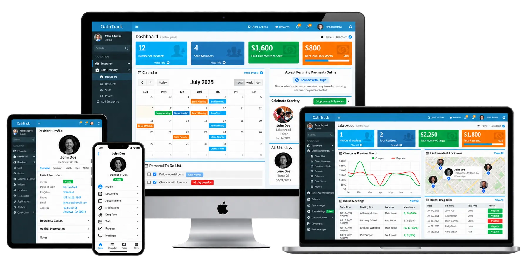 Oathtrack sober living management software dashboard on desktop and mobile devices
