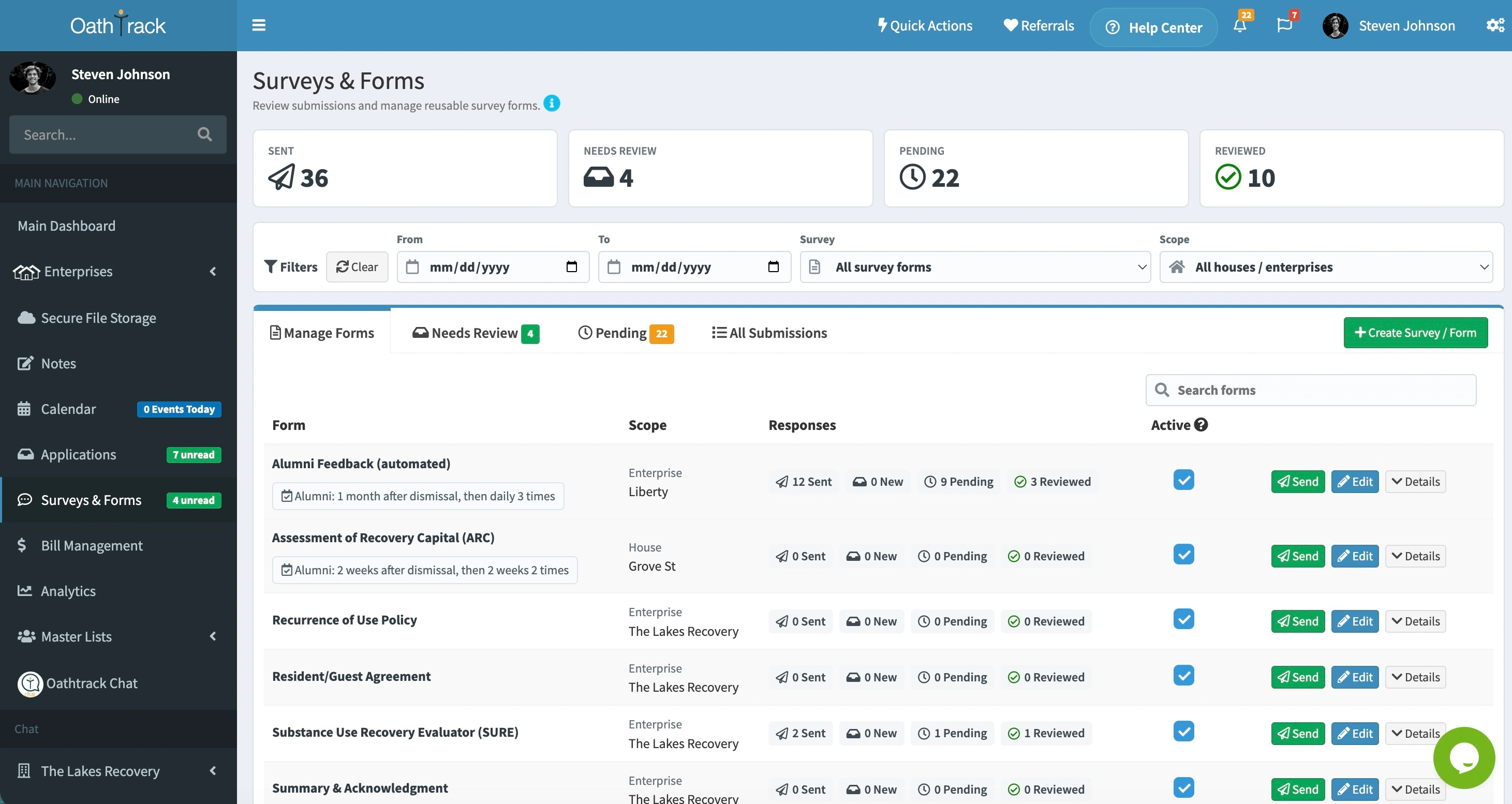 Oathtrack Surveys and Forms dashboard showing submission status, automated alumni feedback, and recovery assessment forms