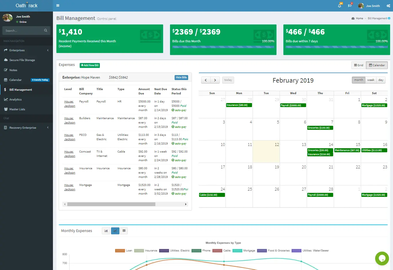 Oathtrack bill management dashboard with payment totals, recurring expenses, and a bill calendar