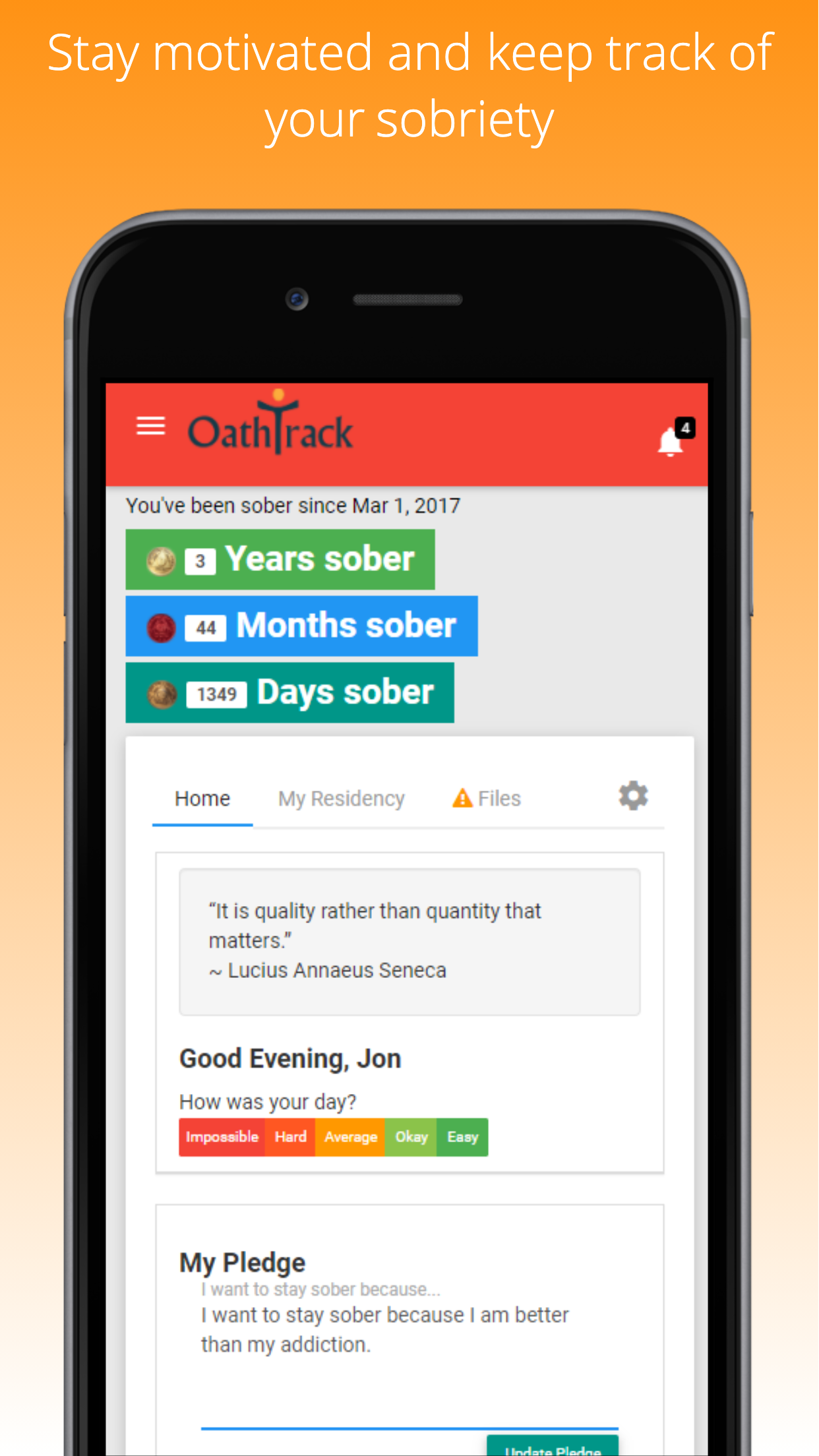 Oathtrack resident app showing sobriety milestones and a daily check-in