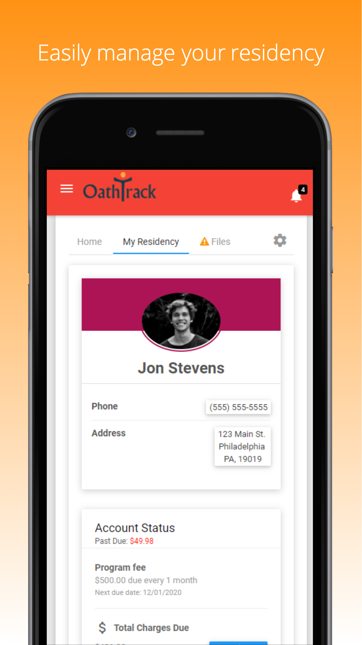 Resident app showing residency information and account status